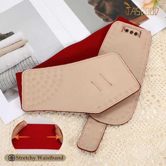 Women Vintage Wide Elastic Studded Stretchy Waist Belt Rivets Metal Buckle Red main image 4